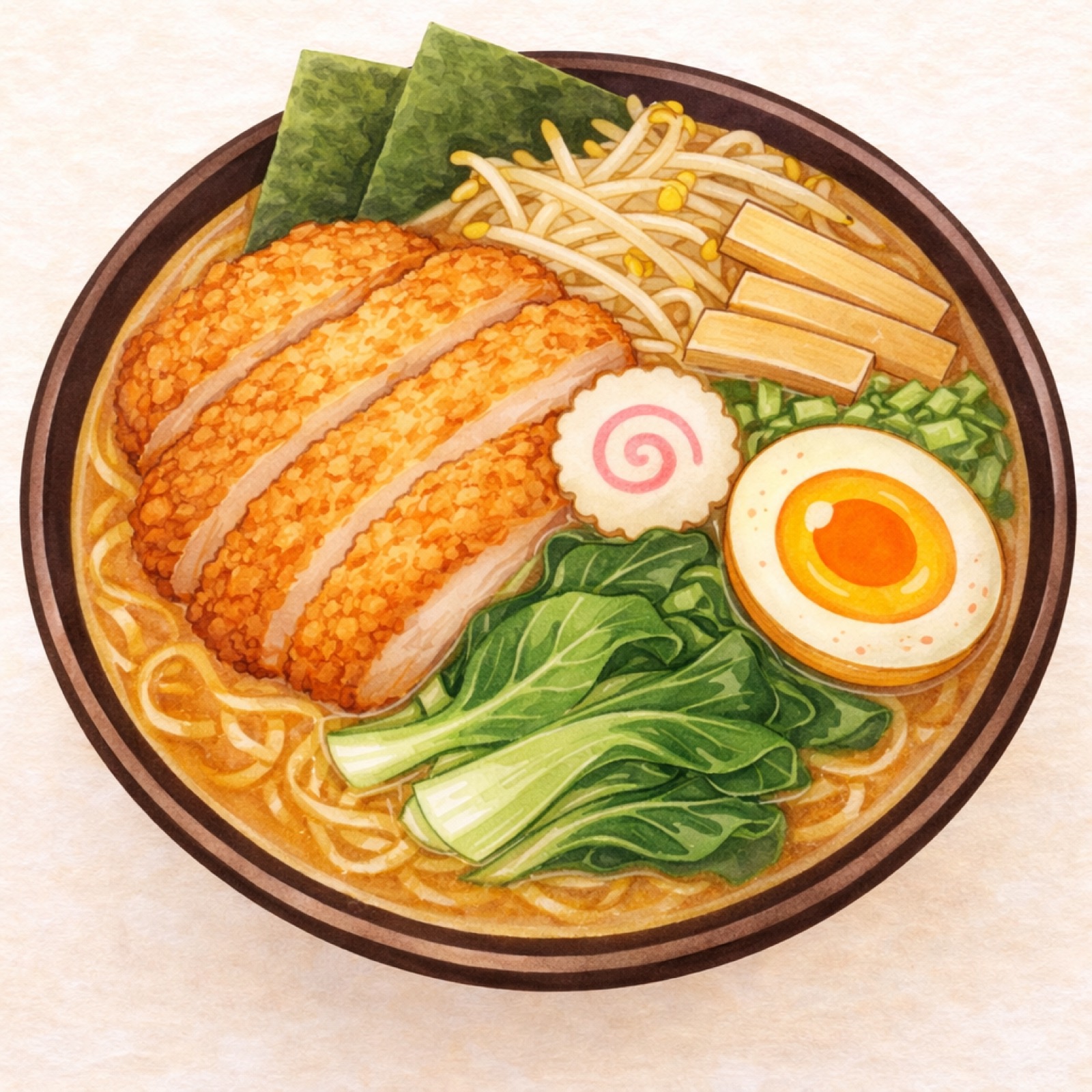 Ciotola di ramen con cotoletta, uovo marinato, naruto, alga nori e verdure