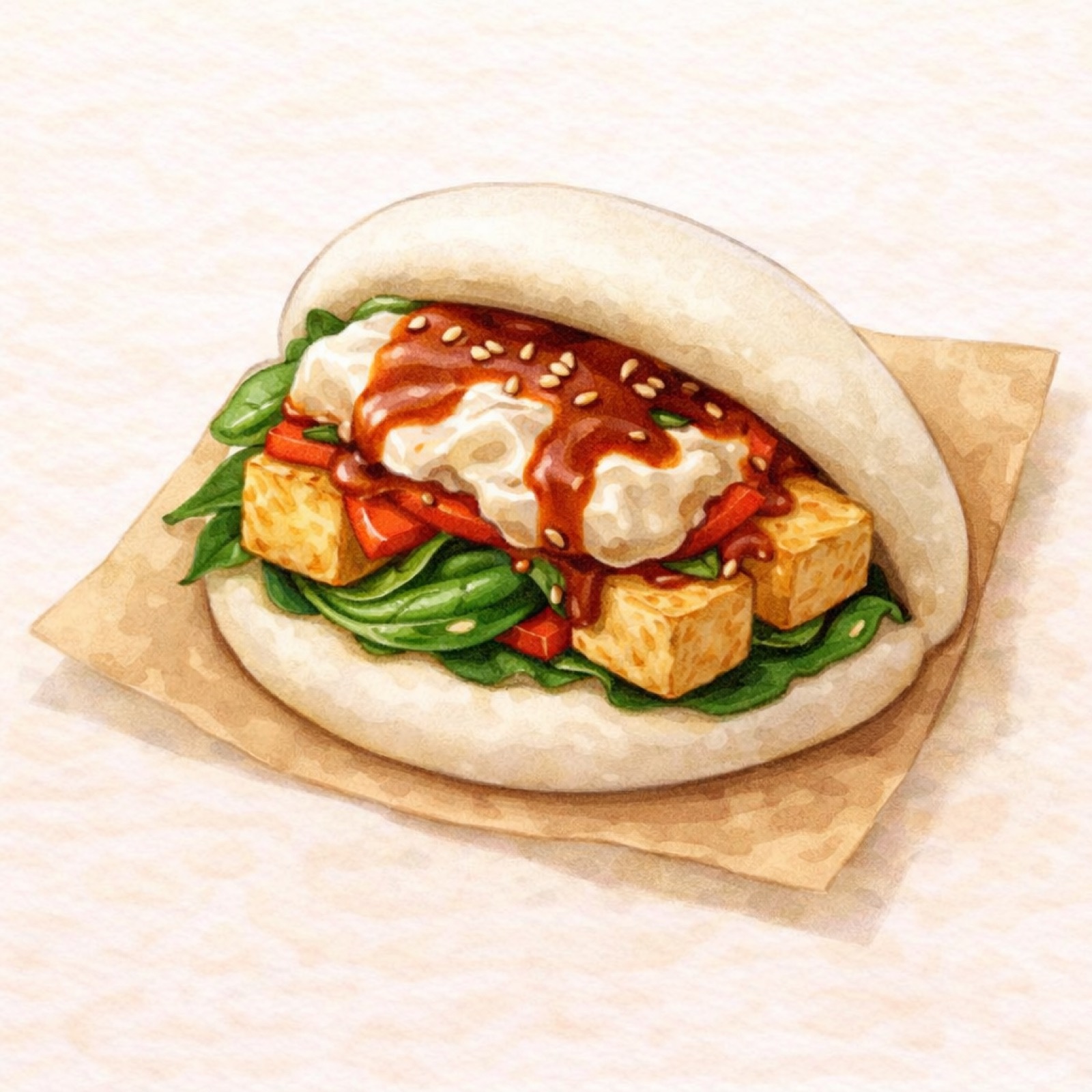 Bao ripieno con tofu, verdure e salsa piccante al sesamo